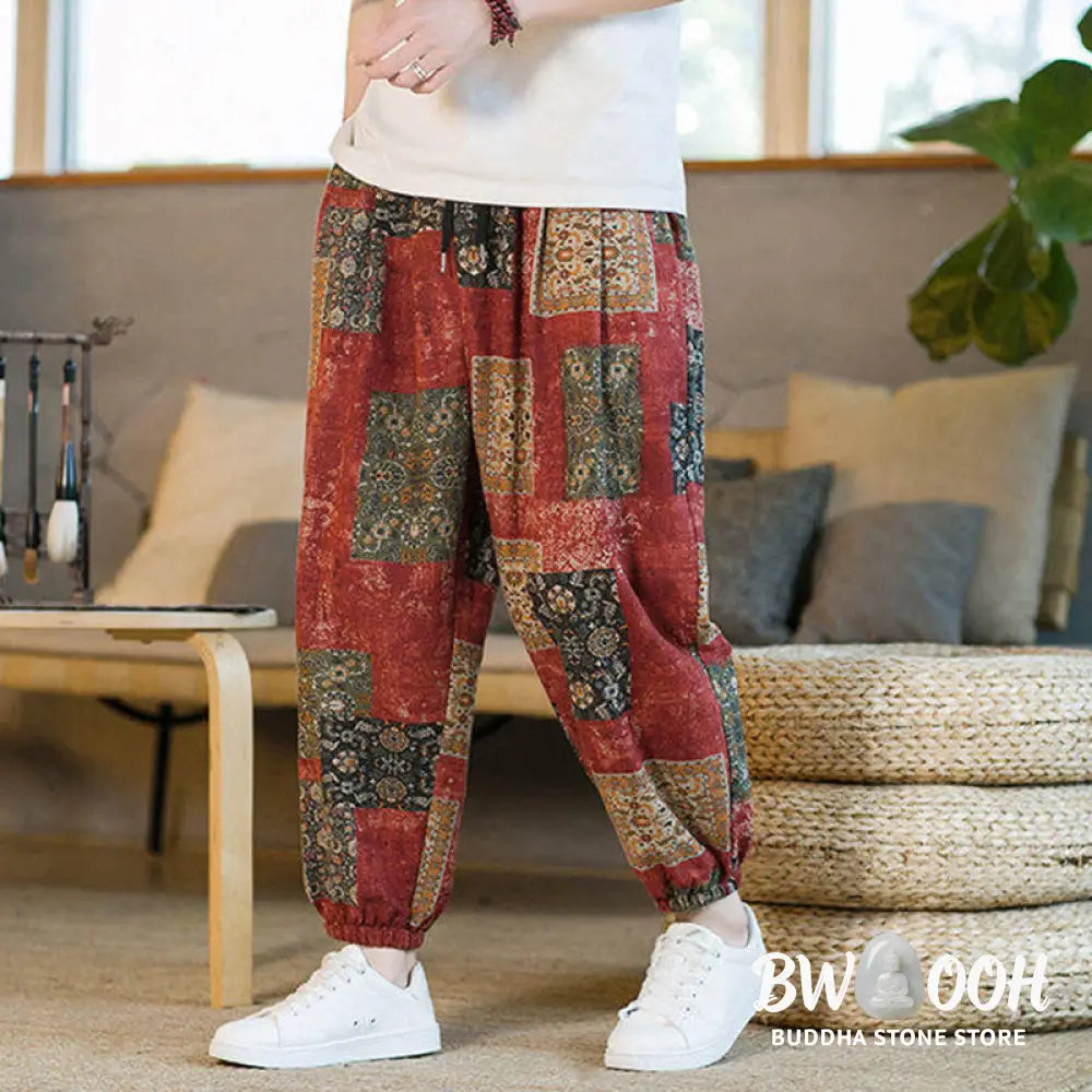 Buddha Stones Summer Square Patchwork Cotton Linen Men’s Ankle-Length Harem Pants With Pockets - Men’s Harem Pants