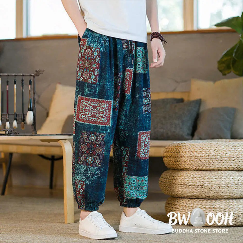 Buddha Stones Summer Square Patchwork Cotton Linen Men’s Ankle-Length Harem Pants With Pockets - Men’s Harem Pants