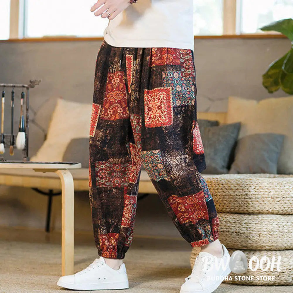 Buddha Stones Summer Square Patchwork Cotton Linen Men’s Ankle-Length Harem Pants With Pockets - Men’s Harem Pants