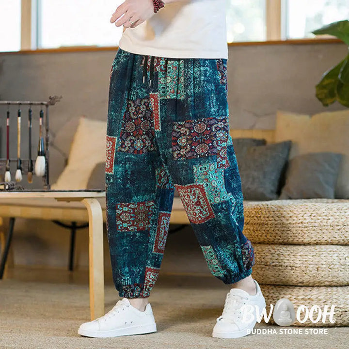 Buddha Stones Summer Square Patchwork Cotton Linen Men’s Ankle-Length Harem Pants With Pockets - Men’s Harem Pants