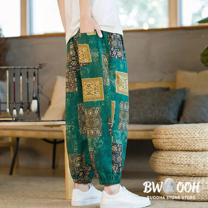Buddha Stones Summer Square Patchwork Cotton Linen Men’s Ankle-Length Harem Pants With Pockets - Men’s Harem Pants