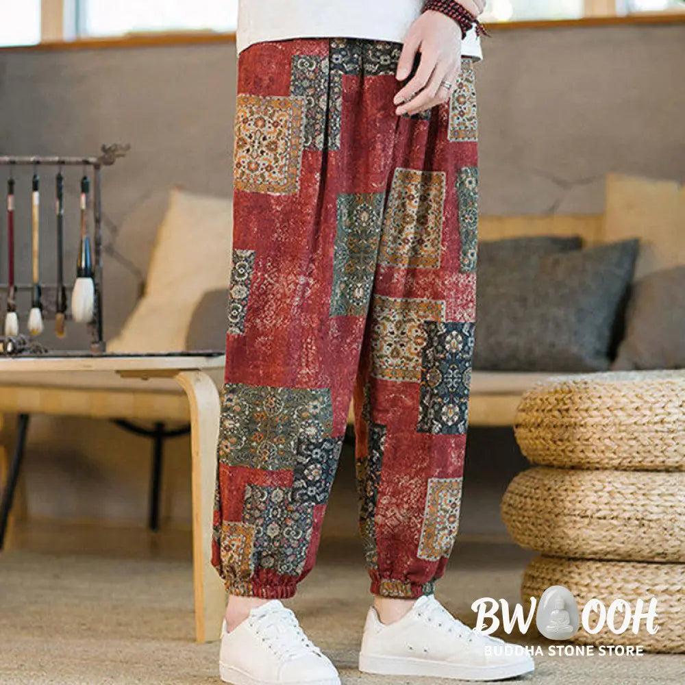 Buddha Stones Summer Square Patchwork Cotton Linen Men’s Ankle-Length Harem Pants With Pockets - Men’s Harem Pants