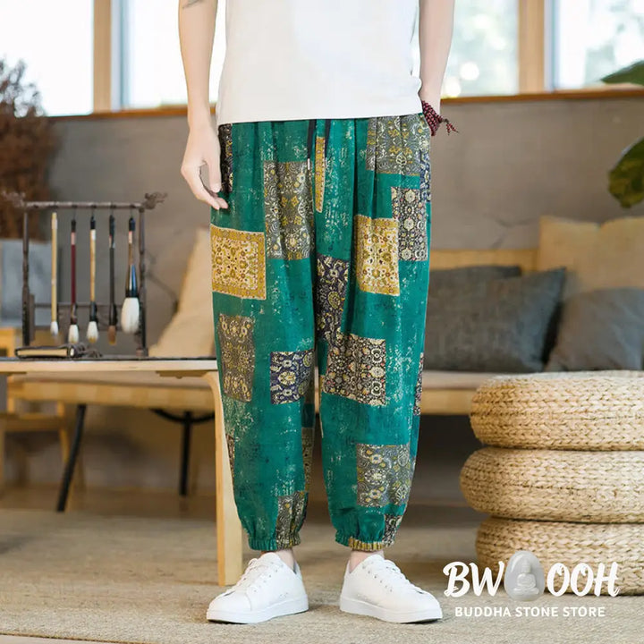 Buddha Stones Summer Square Patchwork Cotton Linen Men’s Ankle-Length Harem Pants With Pockets - Men’s Harem Pants