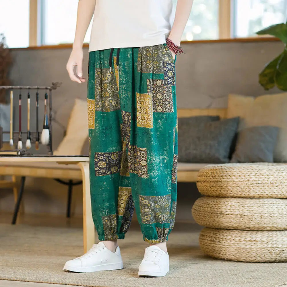 Buddha Stones Summer Square Patchwork Cotton Linen Men’s Ankle-Length Harem Pants With Pockets - MediumAquamarine