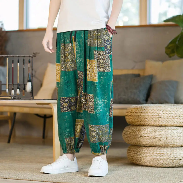 Buddha Stones Summer Square Patchwork Cotton Linen Men’s Ankle-Length Harem Pants With Pockets - MediumAquamarine