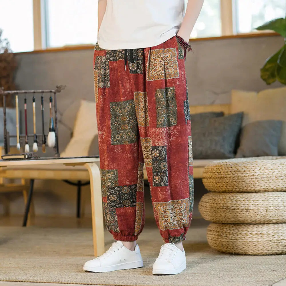 Buddha Stones Summer Square Patchwork Cotton Linen Men’s Ankle-Length Harem Pants With Pockets - Red / US/UK/AU36，EU46