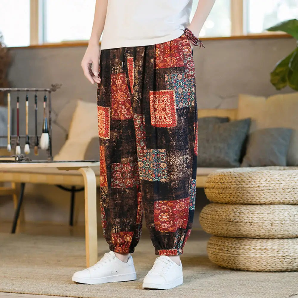 BWOOOH printed harem pants - Summer Square Patchwork Cotton Linen Men