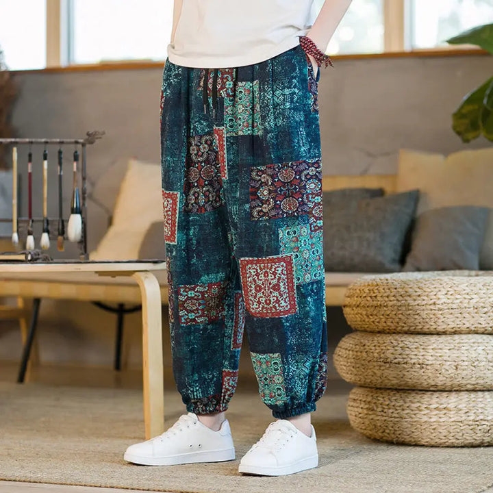 Buddha Stones Summer Square Patchwork Cotton Linen Men’s Ankle-Length Harem Pants With Pockets - SteelBlue