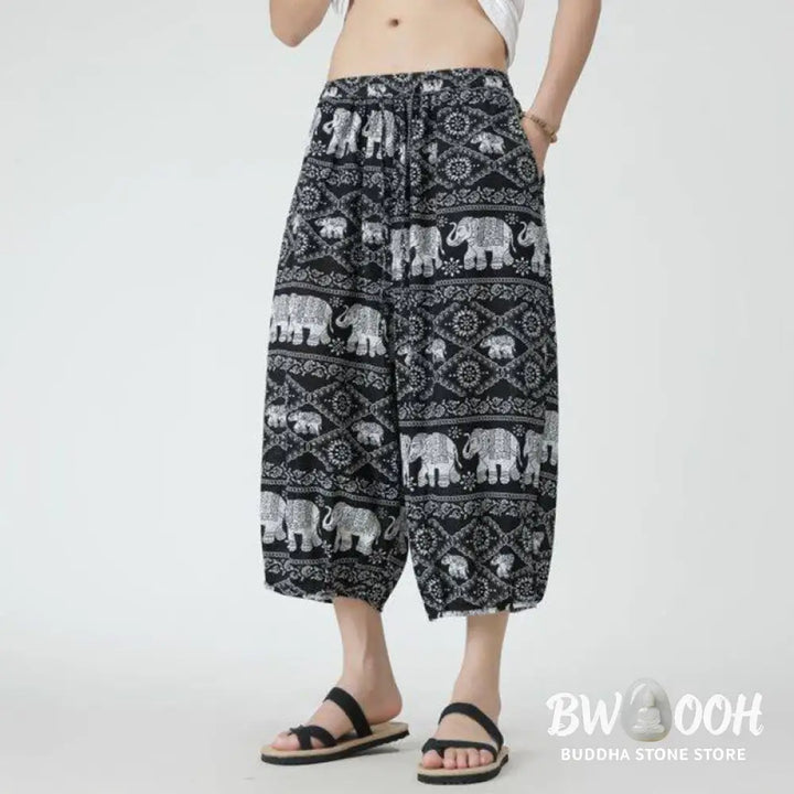 Buddha Stones Summer Square Patchwork Elephant Mandala Geometry Cotton Linen Men’s 7-8 Length Pants With Pockets