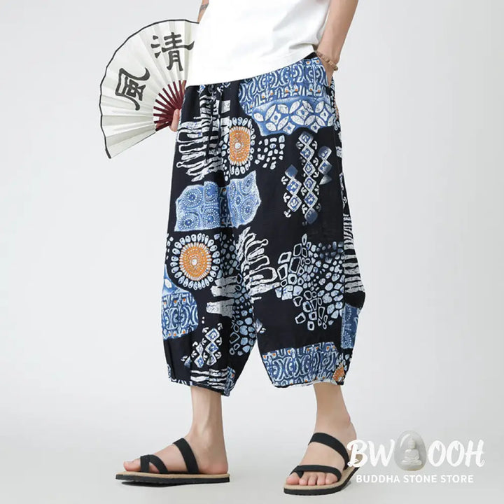 Buddha Stones Summer Square Patchwork Elephant Mandala Geometry Cotton Linen Men’s 7-8 Length Pants With Pockets