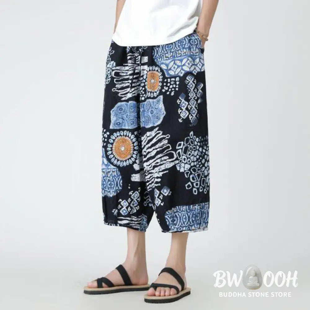 Buddha Stones Summer Square Patchwork Elephant Mandala Geometry Cotton Linen Men’s 7-8 Length Pants With Pockets