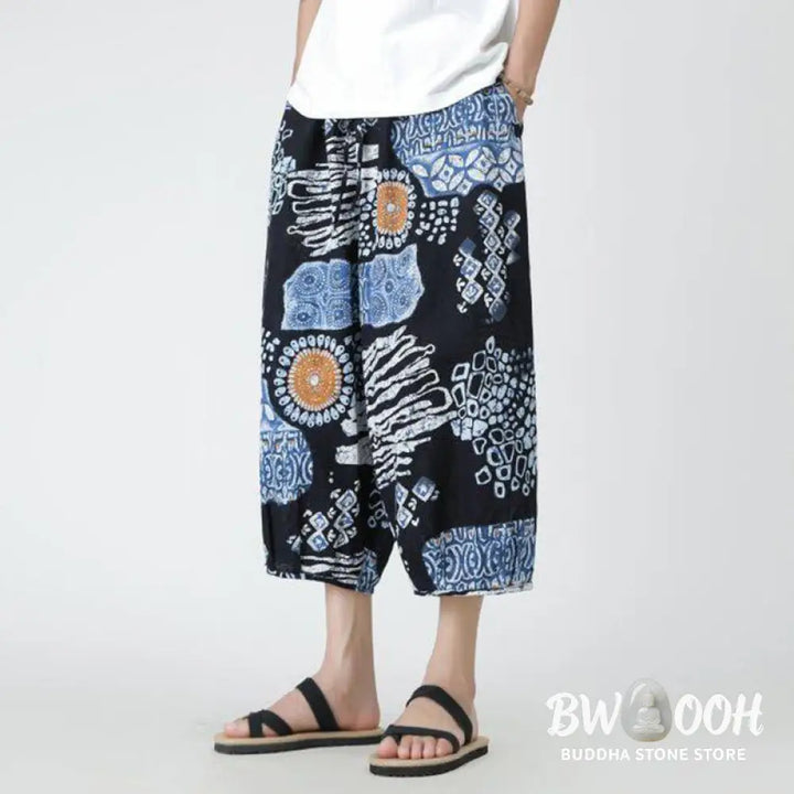 Buddha Stones Summer Square Patchwork Elephant Mandala Geometry Cotton Linen Men’s 7-8 Length Pants With Pockets