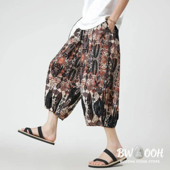 Buddha Stones Summer Square Patchwork Elephant Mandala Geometry Cotton Linen Men’s 7-8 Length Pants With Pockets