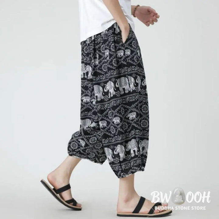 Buddha Stones Summer Square Patchwork Elephant Mandala Geometry Cotton Linen Men’s 7-8 Length Pants With Pockets