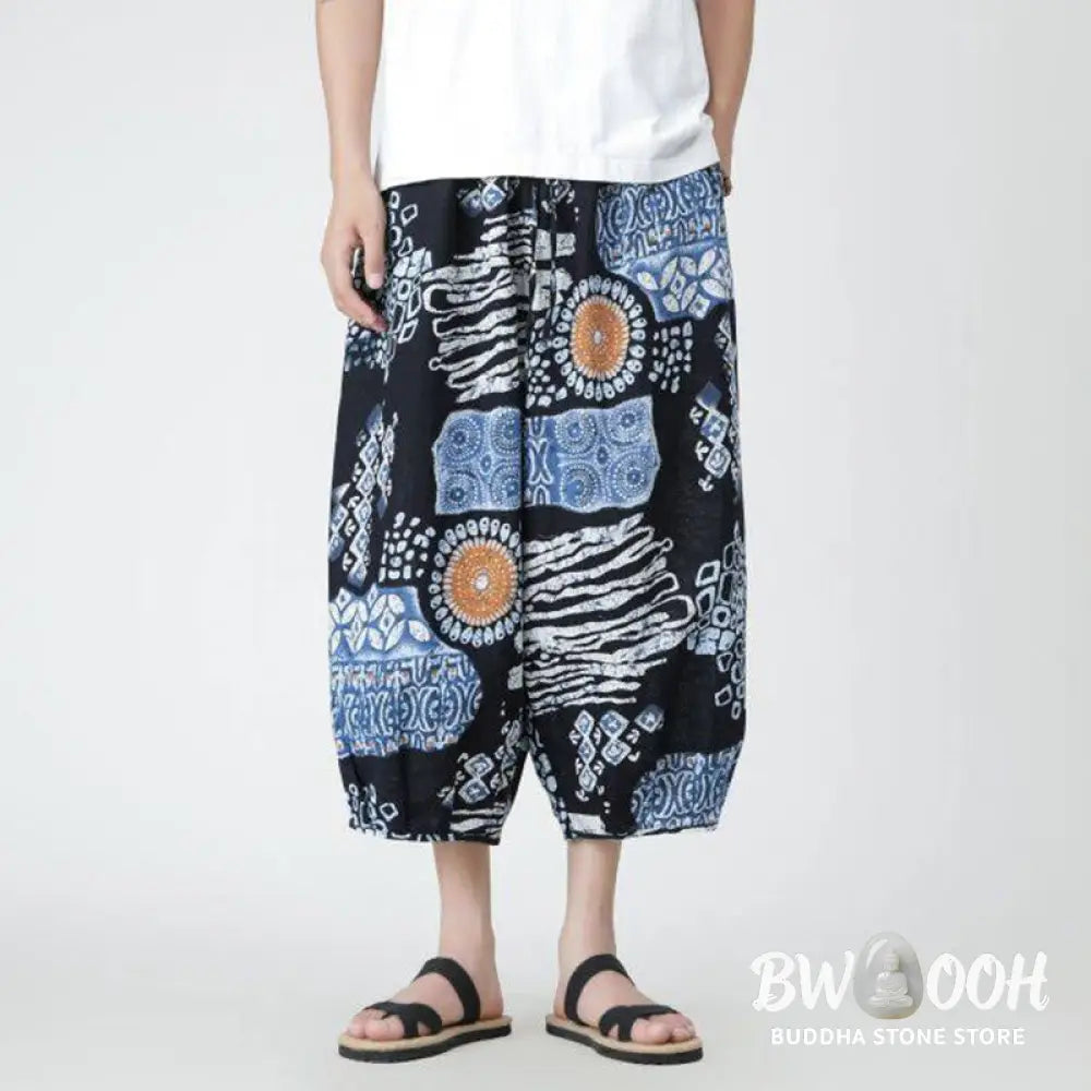 Buddha Stones Summer Square Patchwork Elephant Mandala Geometry Cotton Linen Men’s 7-8 Length Pants With Pockets
