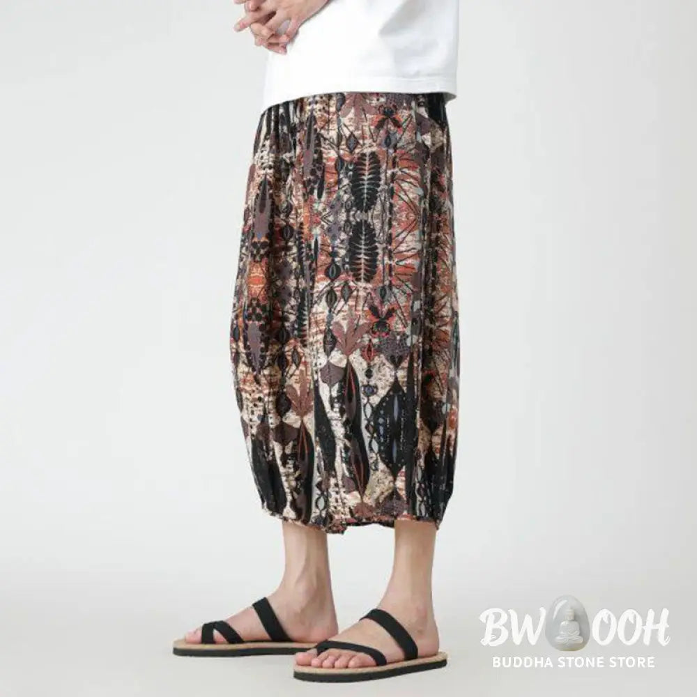 Buddha Stones Summer Square Patchwork Elephant Mandala Geometry Cotton Linen Men’s 7-8 Length Pants With Pockets
