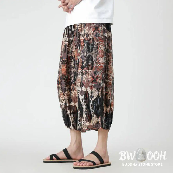 Buddha Stones Summer Square Patchwork Elephant Mandala Geometry Cotton Linen Men’s 7-8 Length Pants With Pockets