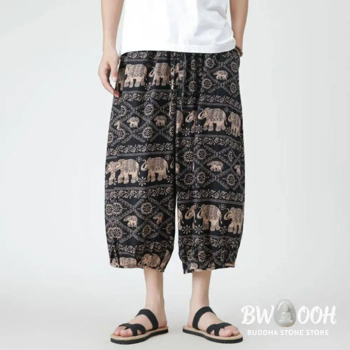 Buddha Stones Summer Square Patchwork Elephant Mandala Geometry Cotton Linen Men’s 7-8 Length Pants With Pockets