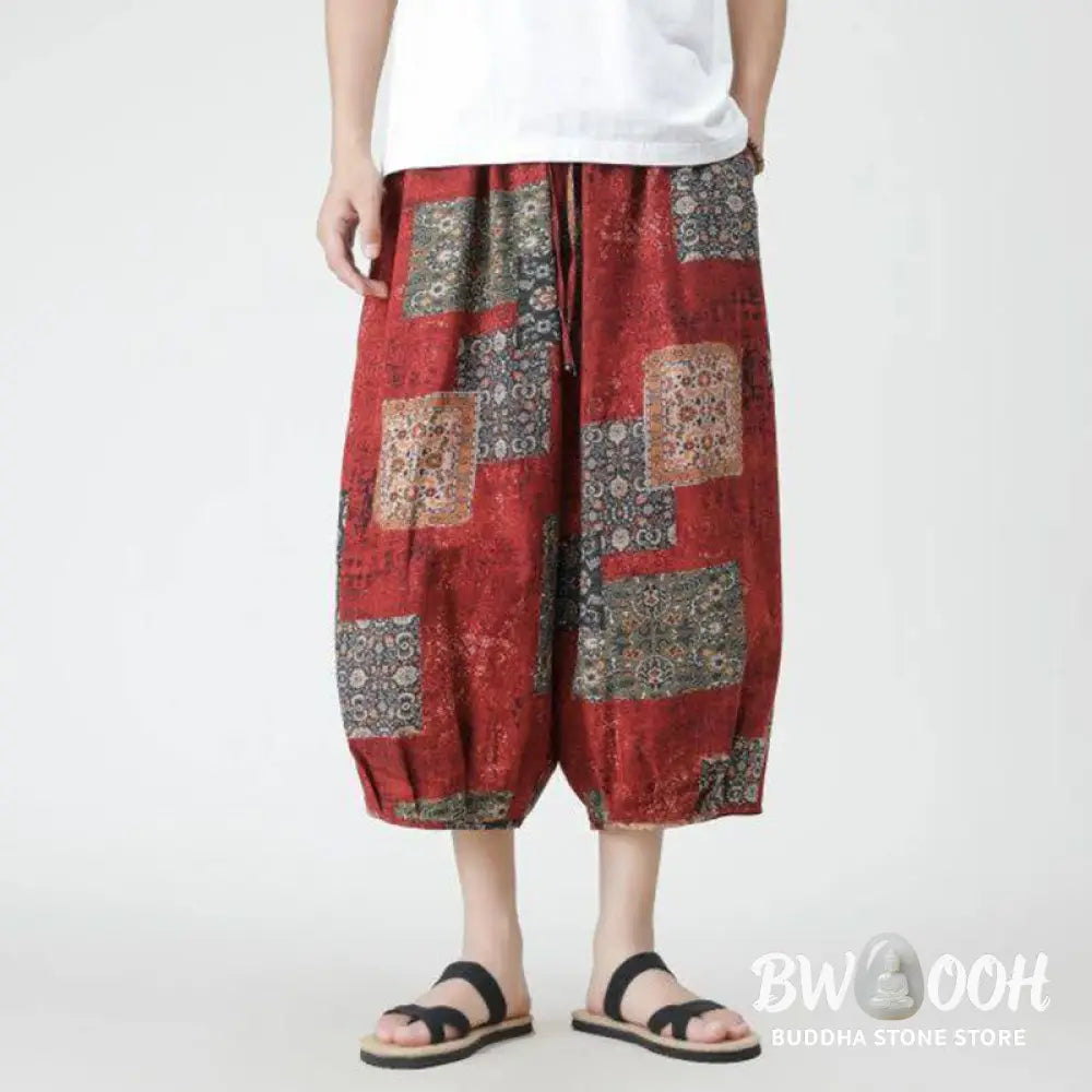 Buddha Stones Summer Square Patchwork Elephant Mandala Geometry Cotton Linen Men’s 7-8 Length Pants With Pockets
