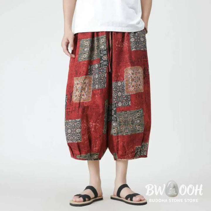 Buddha Stones Summer Square Patchwork Elephant Mandala Geometry Cotton Linen Men’s 7-8 Length Pants With Pockets