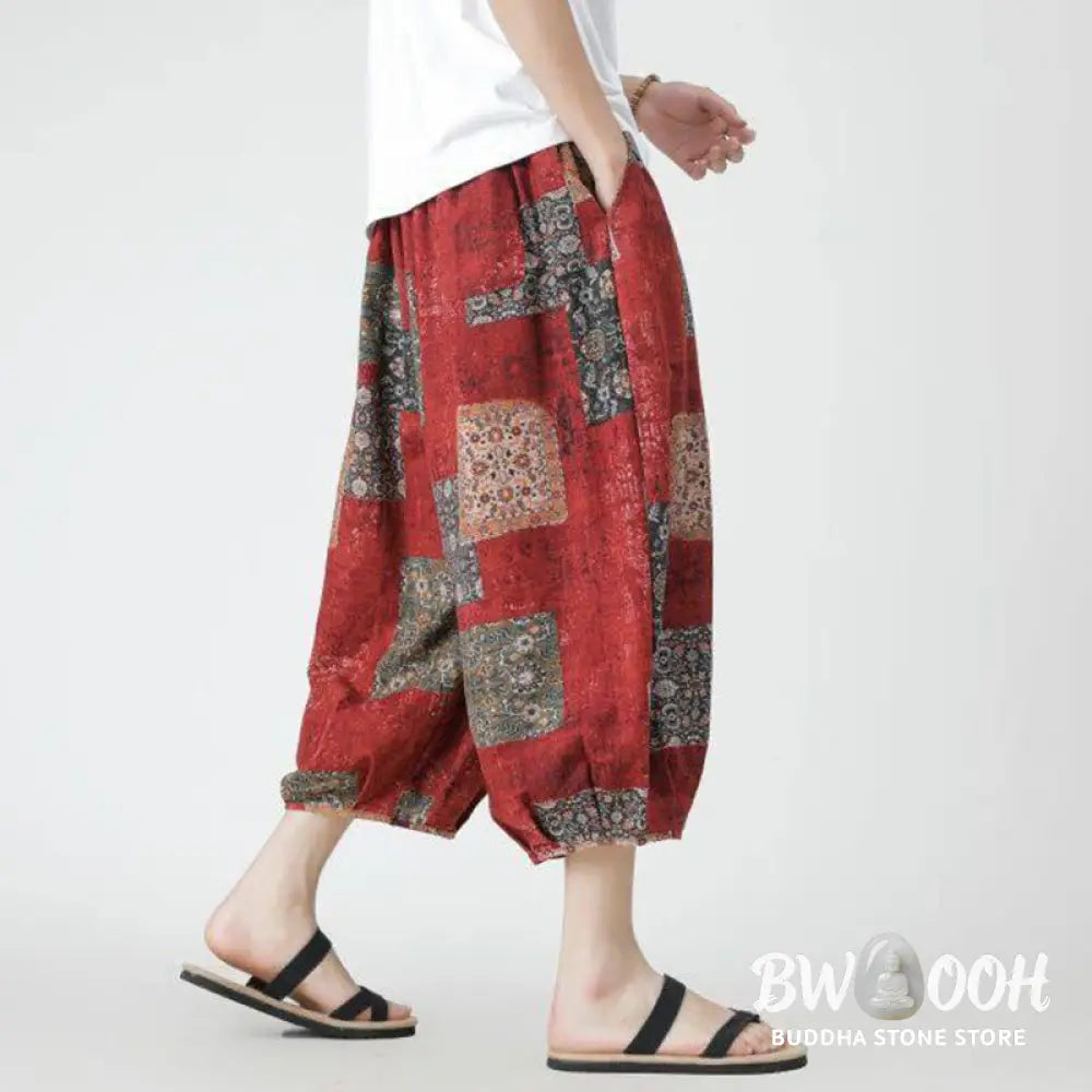 Buddha Stones Summer Square Patchwork Elephant Mandala Geometry Cotton Linen Men’s 7-8 Length Pants With Pockets