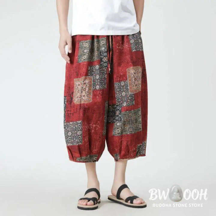 Buddha Stones Summer Square Patchwork Elephant Mandala Geometry Cotton Linen Men’s 7-8 Length Pants With Pockets
