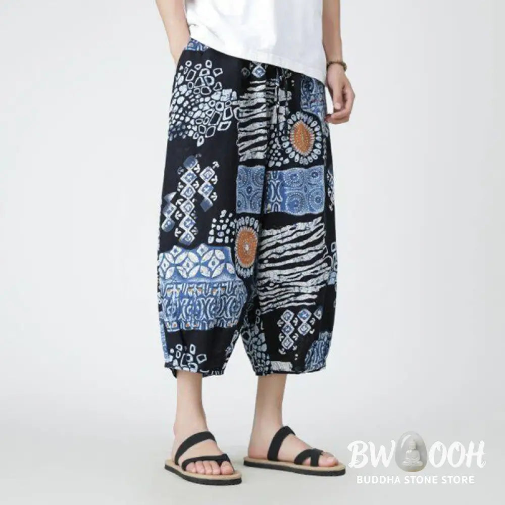 Buddha Stones Summer Square Patchwork Elephant Mandala Geometry Cotton Linen Men’s 7-8 Length Pants With Pockets