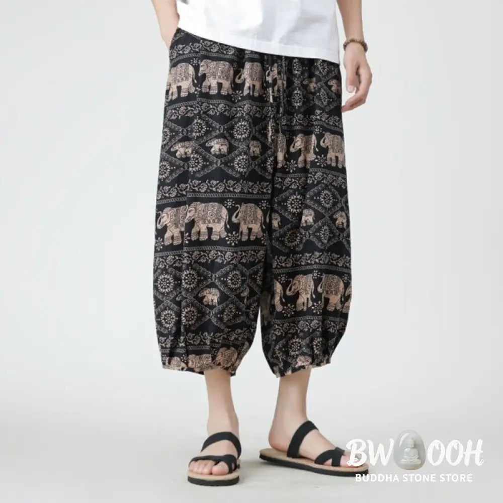 Buddha Stones Summer Square Patchwork Elephant Mandala Geometry Cotton Linen Men’s 7-8 Length Pants With Pockets