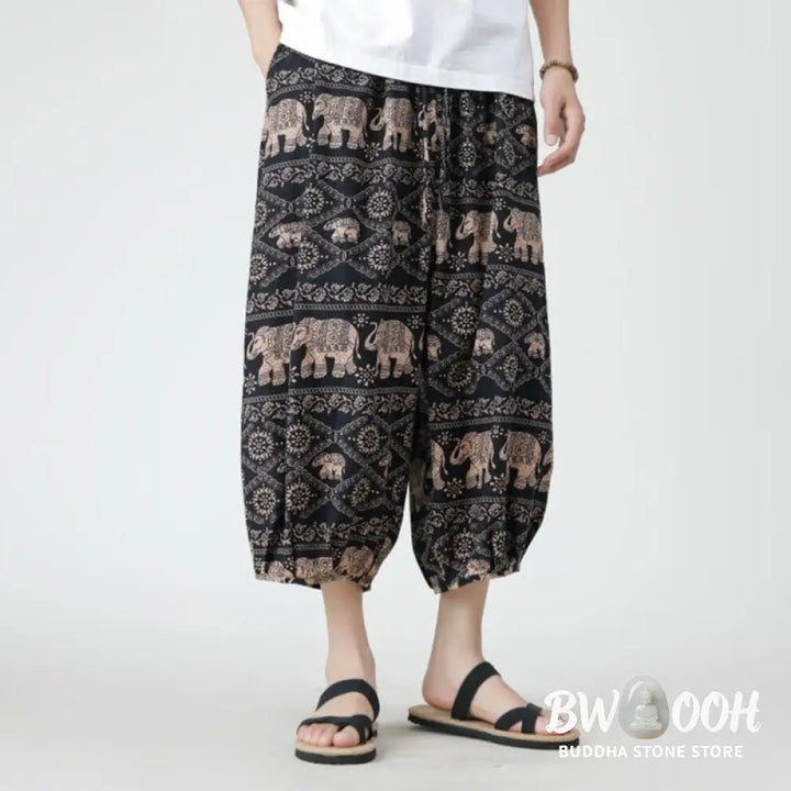 Buddha Stones Summer Square Patchwork Elephant Mandala Geometry Cotton Linen Men’s 7-8 Length Pants With Pockets