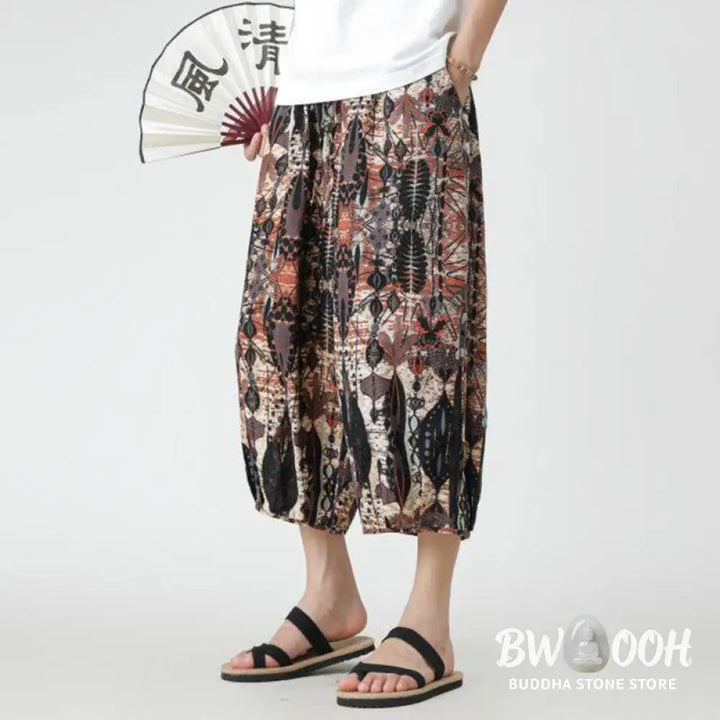 Buddha Stones Summer Square Patchwork Elephant Mandala Geometry Cotton Linen Men’s 7-8 Length Pants With Pockets