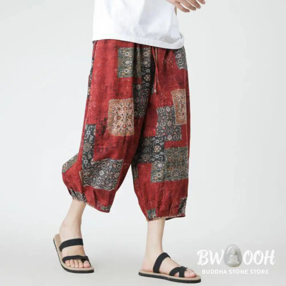 Buddha Stones Summer Square Patchwork Elephant Mandala Geometry Cotton Linen Men’s 7-8 Length Pants With Pockets