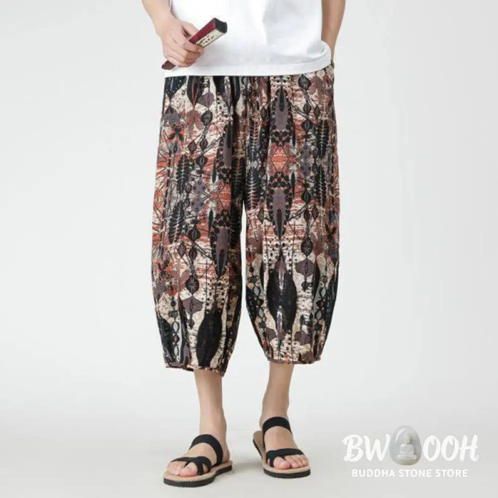 Buddha Stones Summer Square Patchwork Elephant Mandala Geometry Cotton Linen Men’s 7-8 Length Pants With Pockets