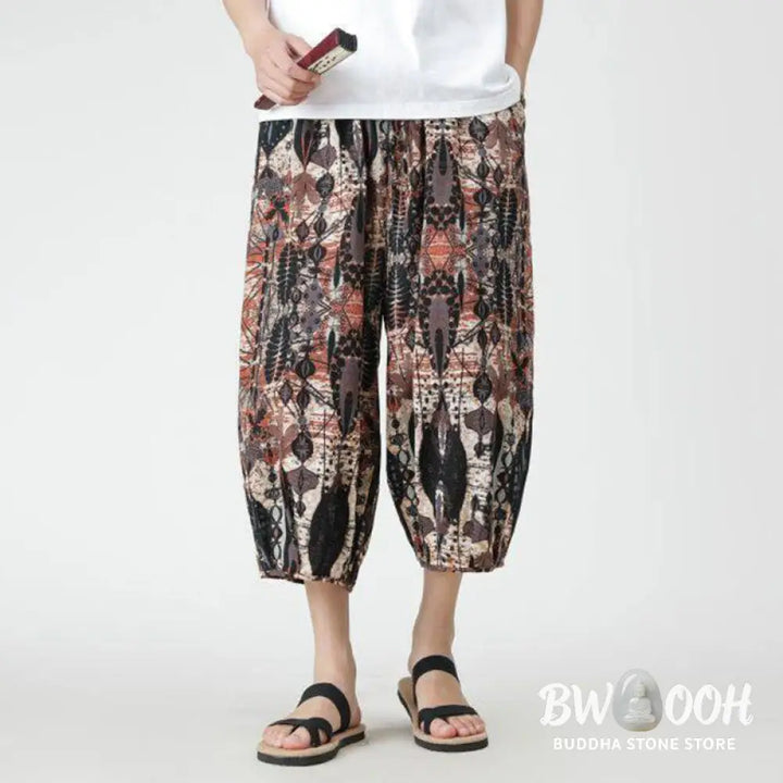 Buddha Stones Summer Square Patchwork Elephant Mandala Geometry Cotton Linen Men’s 7-8 Length Pants With Pockets