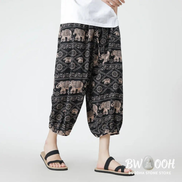 Buddha Stones Summer Square Patchwork Elephant Mandala Geometry Cotton Linen Men’s 7-8 Length Pants With Pockets