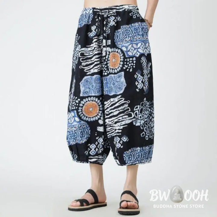Buddha Stones Summer Square Patchwork Elephant Mandala Geometry Cotton Linen Men’s 7-8 Length Pants With Pockets