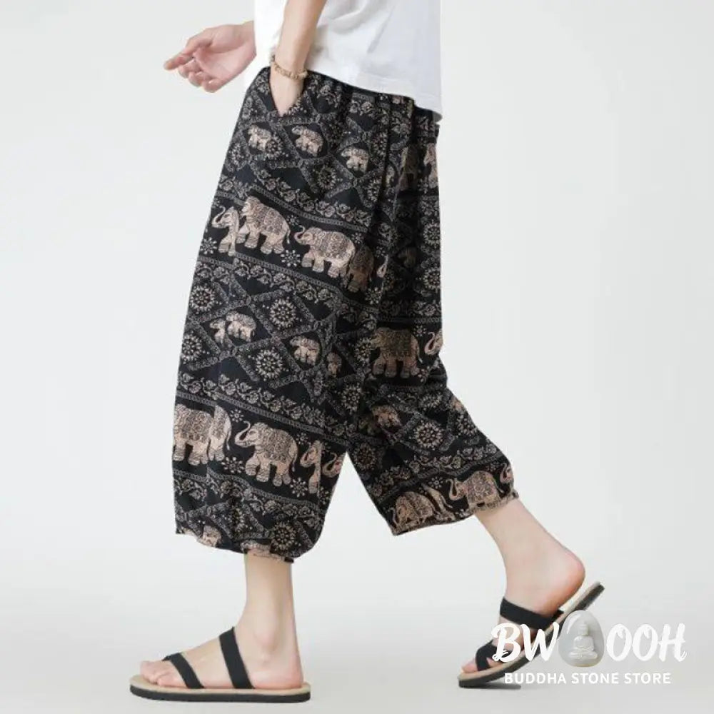 Buddha Stones Summer Square Patchwork Elephant Mandala Geometry Cotton Linen Men’s 7-8 Length Pants With Pockets