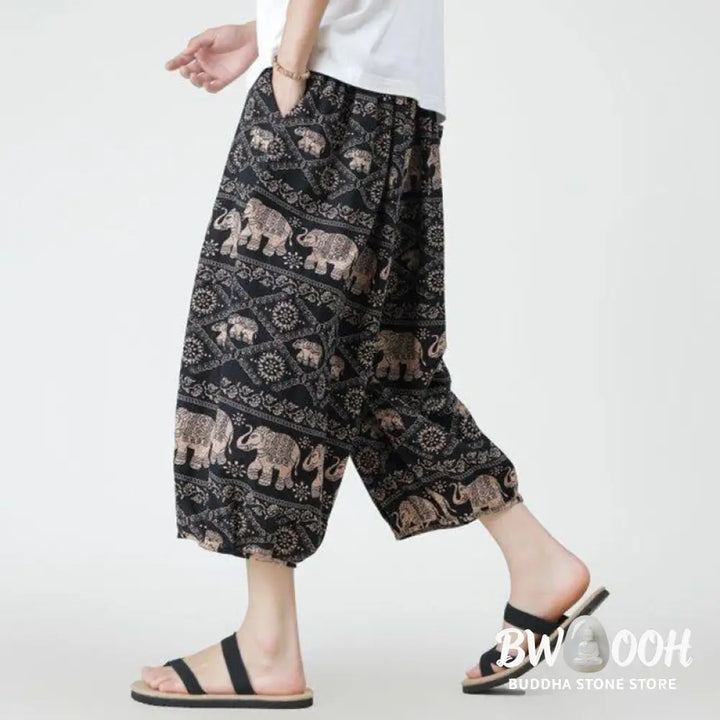 Buddha Stones Summer Square Patchwork Elephant Mandala Geometry Cotton Linen Men’s 7-8 Length Pants With Pockets