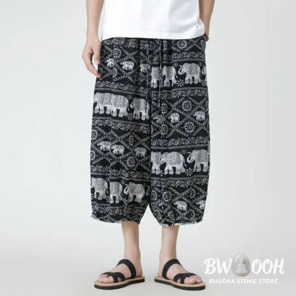 Buddha Stones Summer Square Patchwork Elephant Mandala Geometry Cotton Linen Men’s 7-8 Length Pants With Pockets