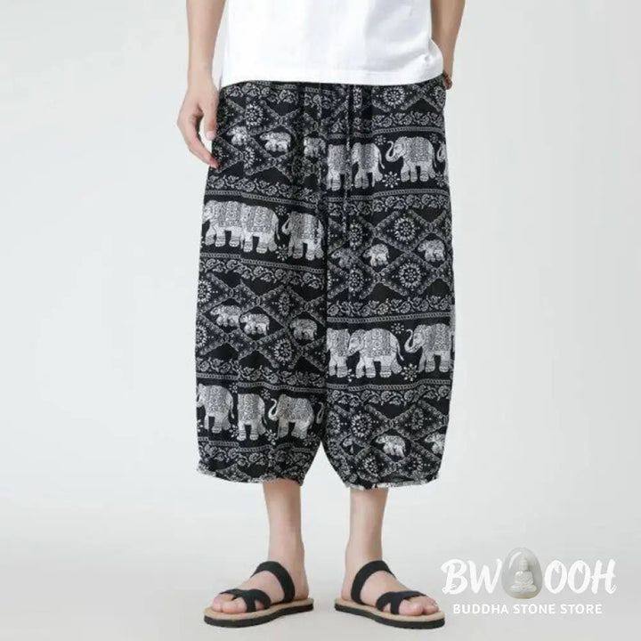 Buddha Stones Summer Square Patchwork Elephant Mandala Geometry Cotton Linen Men’s 7-8 Length Pants With Pockets