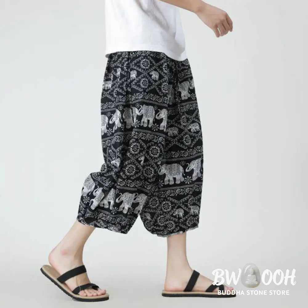 Buddha Stones Summer Square Patchwork Elephant Mandala Geometry Cotton Linen Men’s 7-8 Length Pants With Pockets