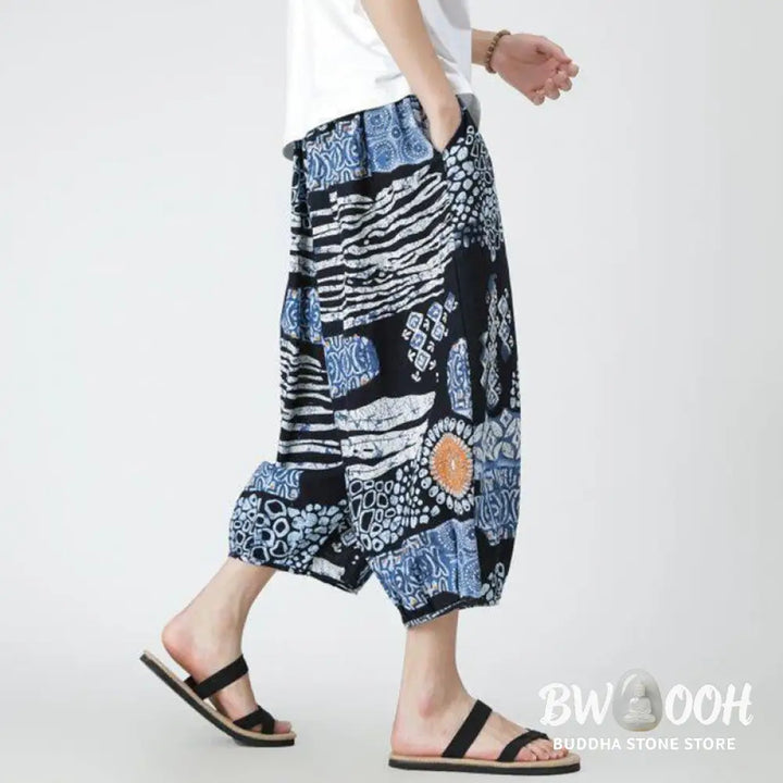 Buddha Stones Summer Square Patchwork Elephant Mandala Geometry Cotton Linen Men’s 7-8 Length Pants With Pockets