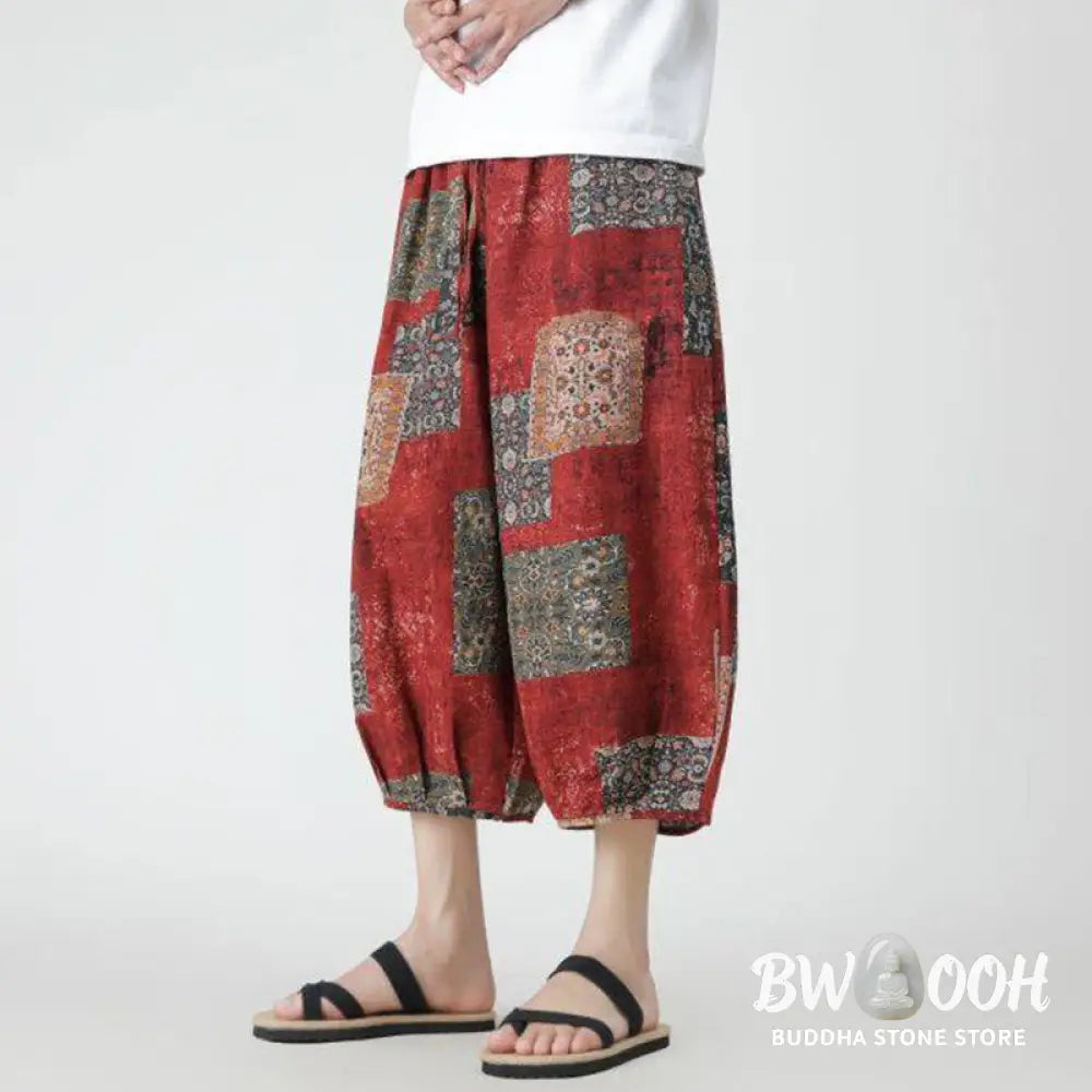 Buddha Stones Summer Square Patchwork Elephant Mandala Geometry Cotton Linen Men’s 7-8 Length Pants With Pockets