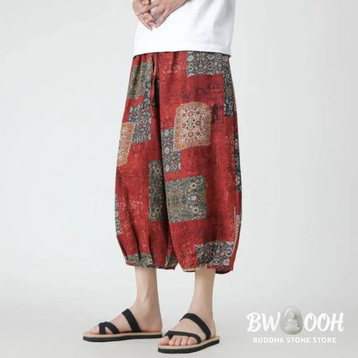 Buddha Stones Summer Square Patchwork Elephant Mandala Geometry Cotton Linen Men’s 7-8 Length Pants With Pockets