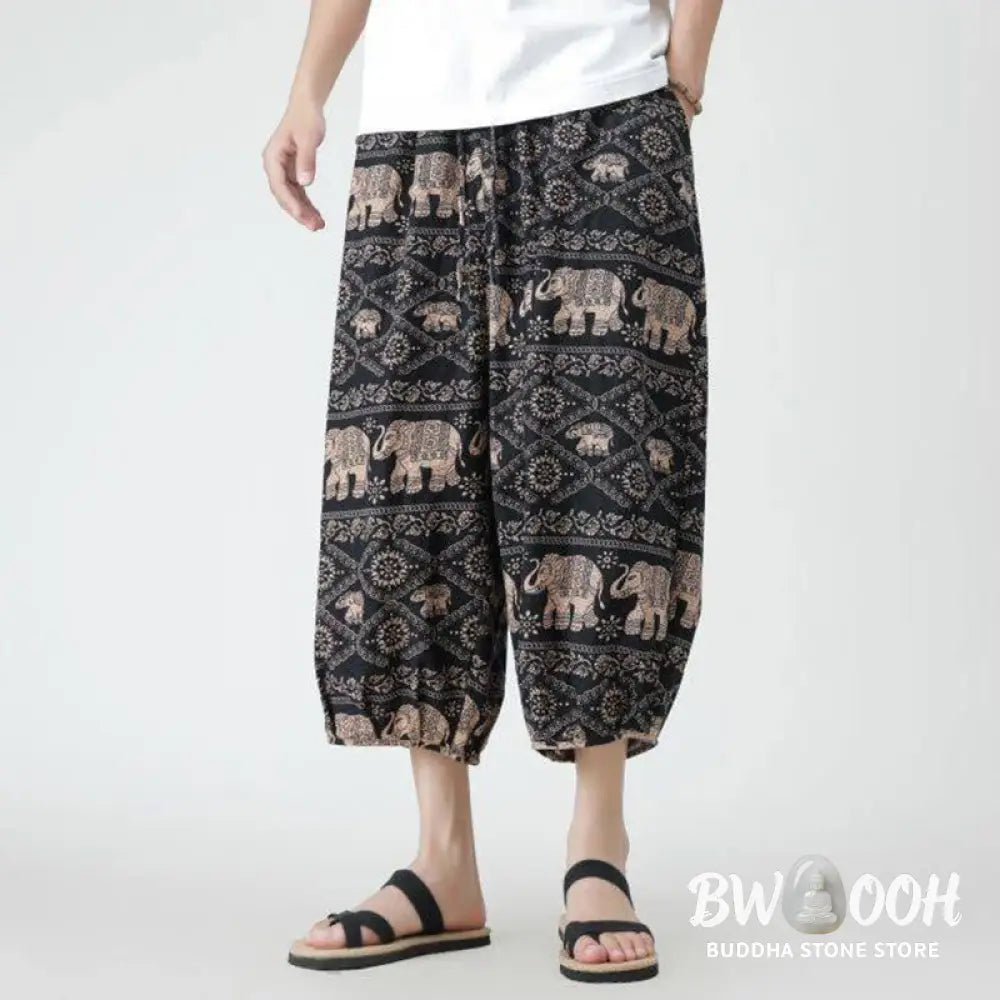 Buddha Stones Summer Square Patchwork Elephant Mandala Geometry Cotton Linen Men’s 7-8 Length Pants With Pockets