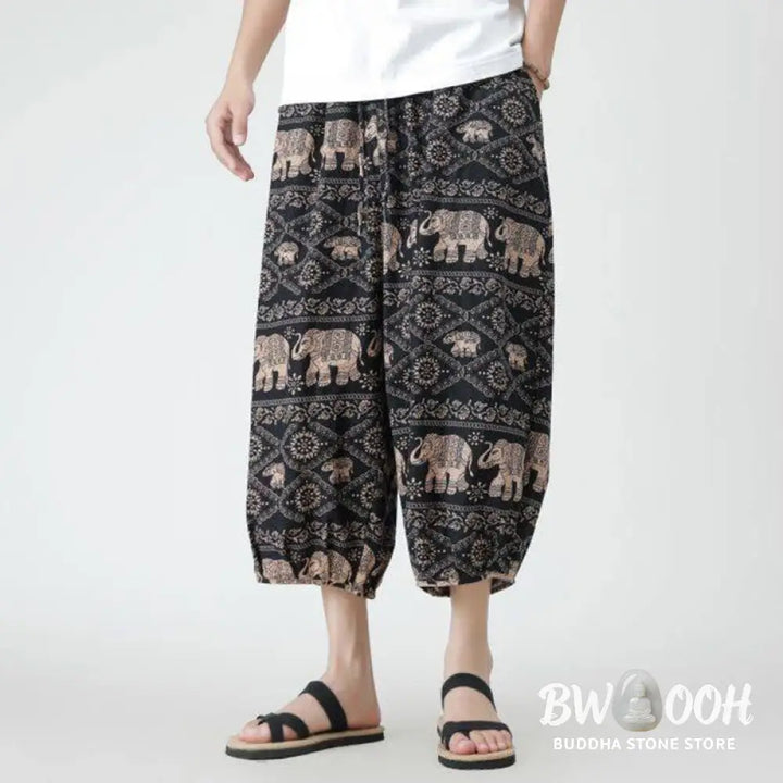 Buddha Stones Summer Square Patchwork Elephant Mandala Geometry Cotton Linen Men’s 7-8 Length Pants With Pockets