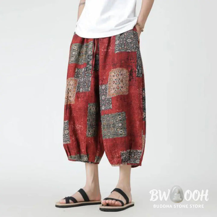 Buddha Stones Summer Square Patchwork Elephant Mandala Geometry Cotton Linen Men’s 7-8 Length Pants With Pockets