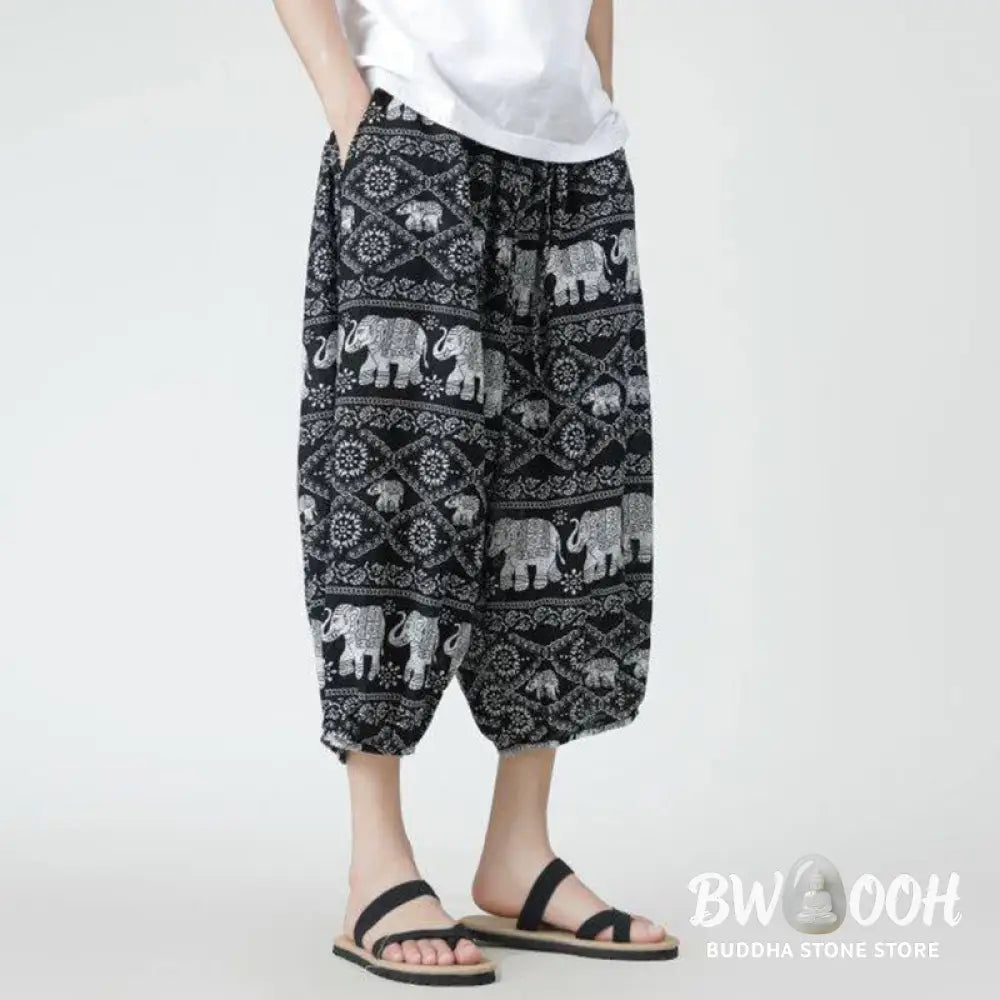 Buddha Stones Summer Square Patchwork Elephant Mandala Geometry Cotton Linen Men’s 7-8 Length Pants With Pockets