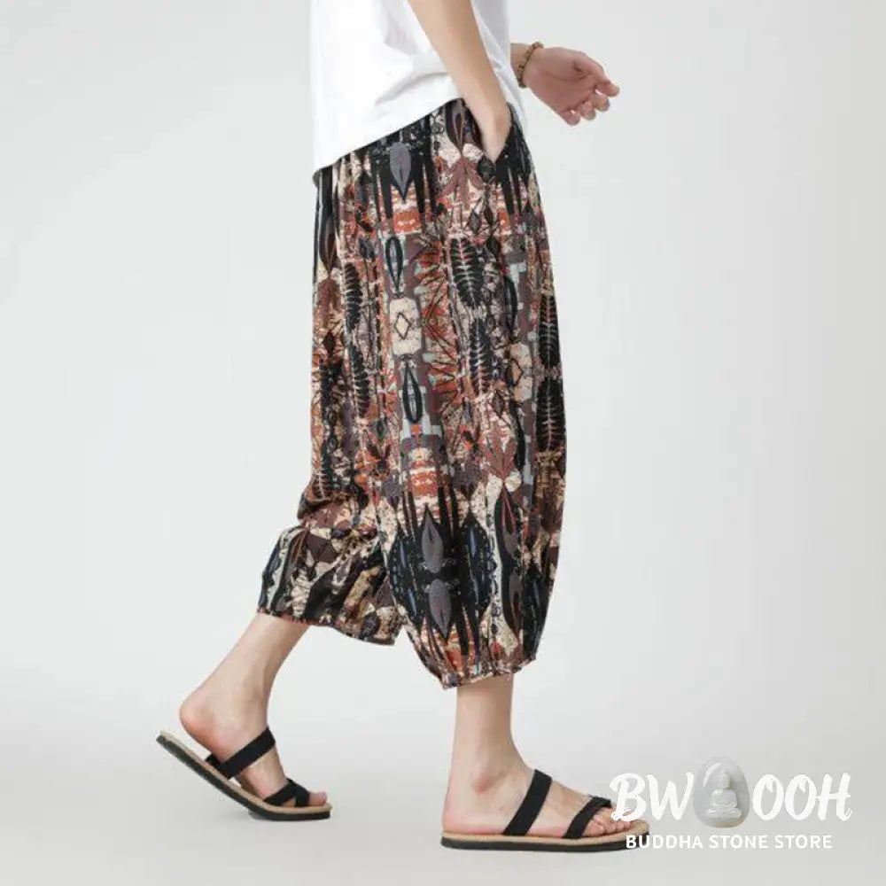 Buddha Stones Summer Square Patchwork Elephant Mandala Geometry Cotton Linen Men’s 7-8 Length Pants With Pockets