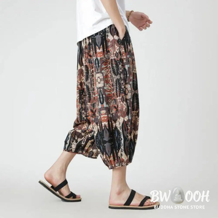 Buddha Stones Summer Square Patchwork Elephant Mandala Geometry Cotton Linen Men’s 7-8 Length Pants With Pockets