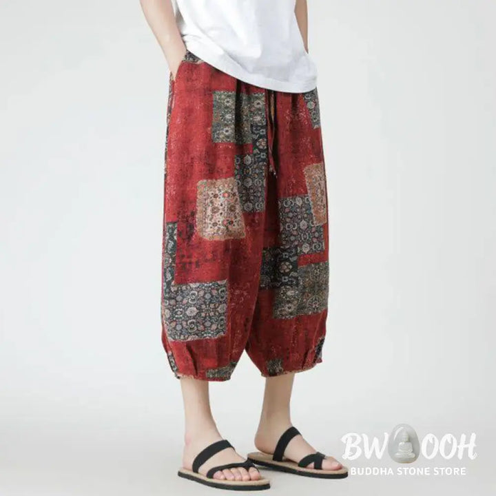 Buddha Stones Summer Square Patchwork Elephant Mandala Geometry Cotton Linen Men’s 7-8 Length Pants With Pockets